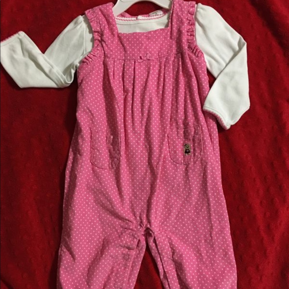 Carter’s pink and white polkadot corduroy overalls